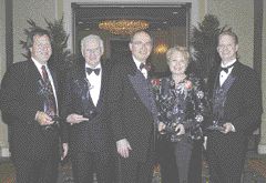 Left to Right: Dr. Samuel Kucey; Dr. Guy Maranda; Dr. Bernard Dolansky, DCF President and Chairman; Ms. Eva Young, General Manager, Ivoclar Vivadent, Inc.; Dr. Gerry Wright, Director of Research and Development, Pfizer Consumer Healthcare.
