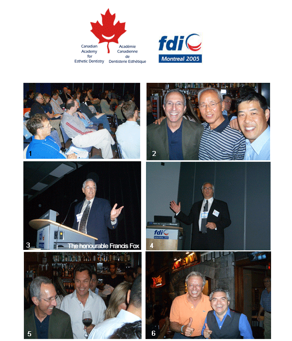 Image 1: View of the attendance, Image 2: Dr Michael Miller, Ron Suh (Bisco Canada), Dr Ed Lowe, Image 3: The Honourable Francis Fox, Image 4: Dr Howard Glazer, Image 5: Friday night cocktail party, Image 6: CAED Dinner-on-the-Town with Dr Wolfgang Richter and Dr Giovanni Dicran Megighian