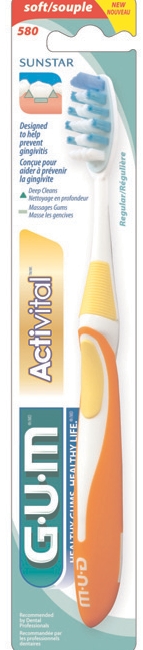 GUM Activital #581 has a triangular cut of inner white bristles and elevated bluetip.