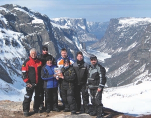 Front Row: Sheila Walsh, Tina O'Brien RDT Backrow: Dr. Don Walsh DDS, Greg Rose, Dr Greg Elliott DDS, Blair O'Brien RDT, Roger Hubley RDT on their anual snowmobile trip to Western Brook Gorge, Gros Morne National Park in Newfoundland and Labrador.