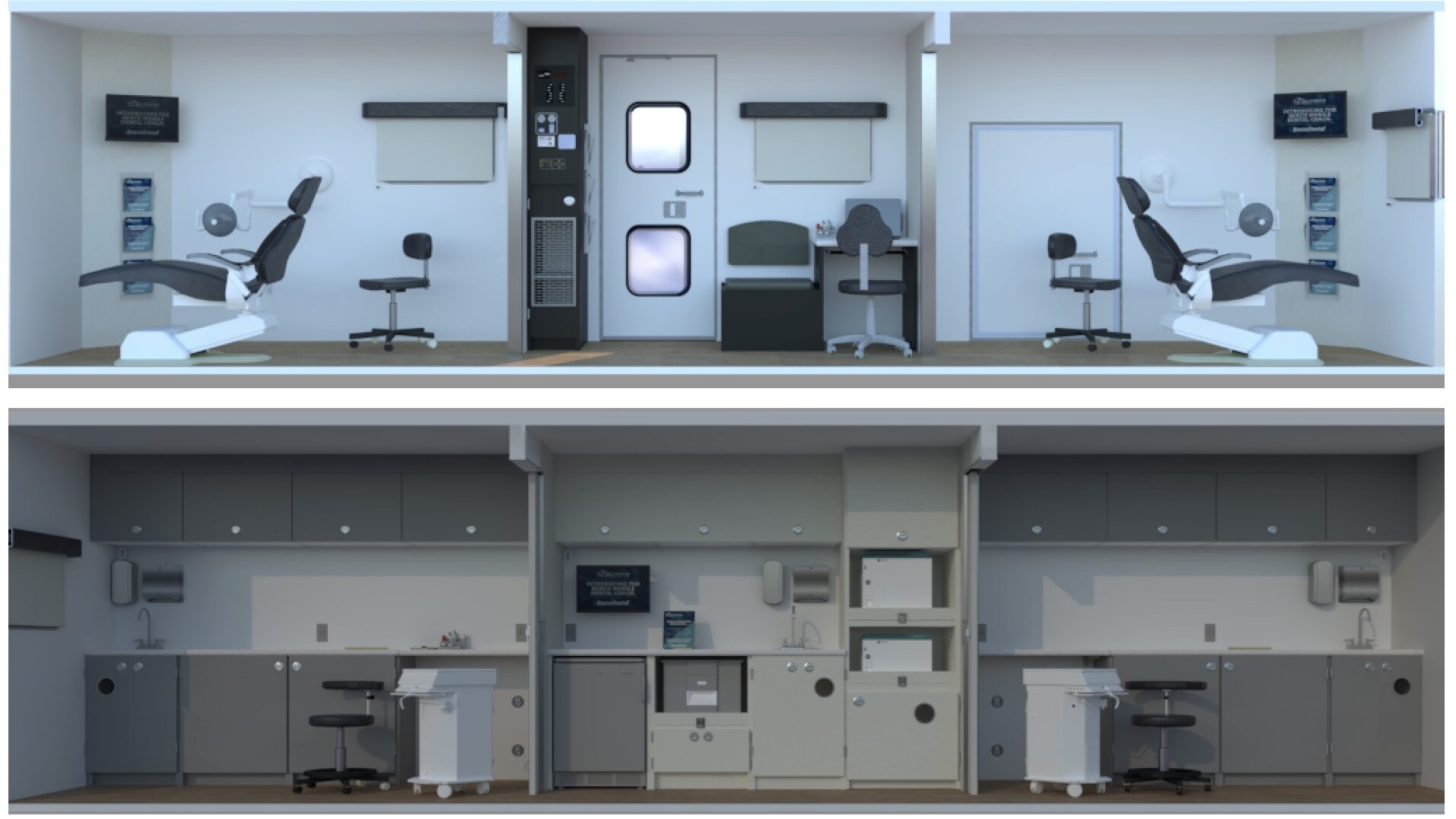 Design renderings show just one possible configuration of a Benco Dental Mobile Dental Coach offering a custom, mobile treatment environment that rivals any state-of-the-art practice.