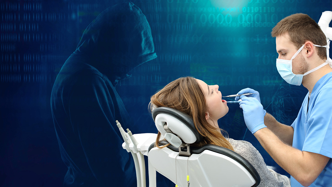 A hooded figure stands beside a dentist examining a patient.