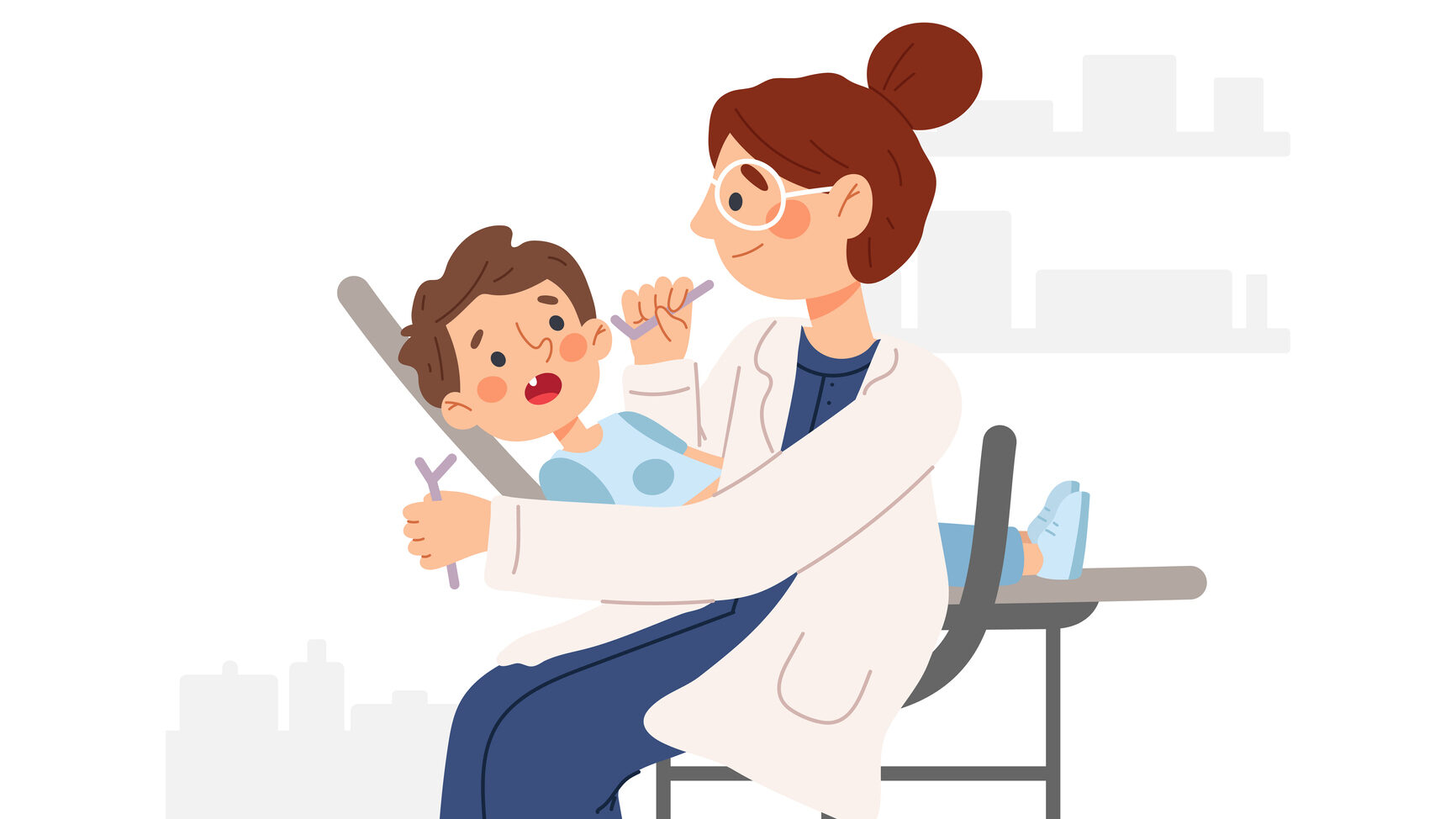 Dentist checking boy’s teeth in a dentist’s office. Proper dental care. Children’s dentist and patient. alternate text for this image