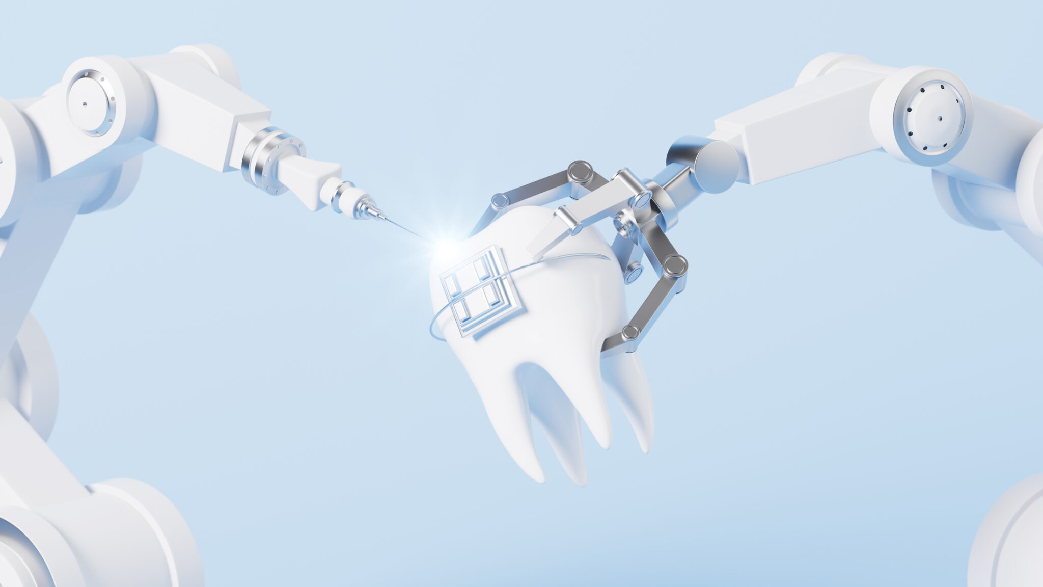 Mechanical arm and fix teeth, 3d rendering. alternate text for this image