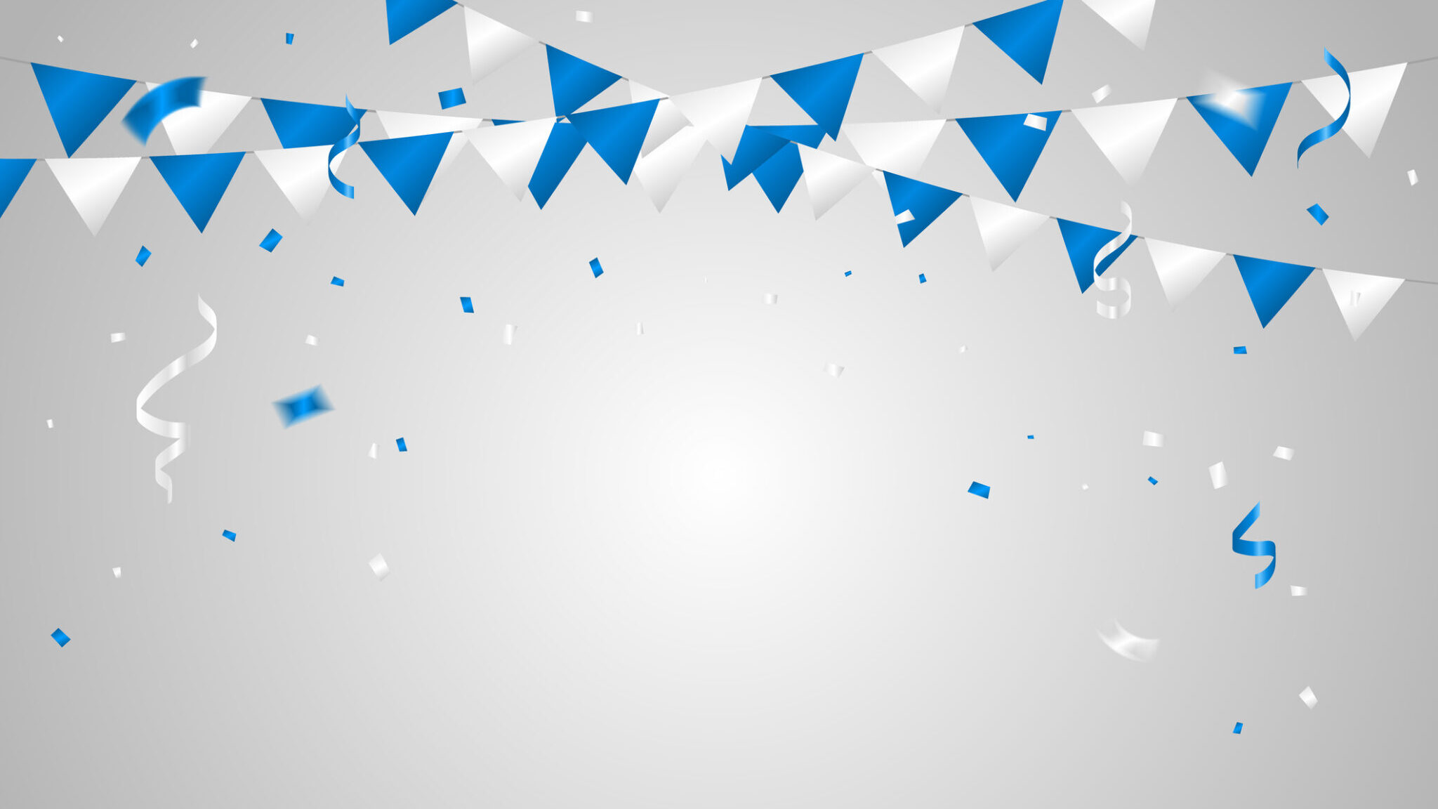 Party Flag With Many Falling Blue and White Tiny Confetti And Streamer Ribbon isolated White Background. Celebration Event. Multicolored. Vector alternate text for this image