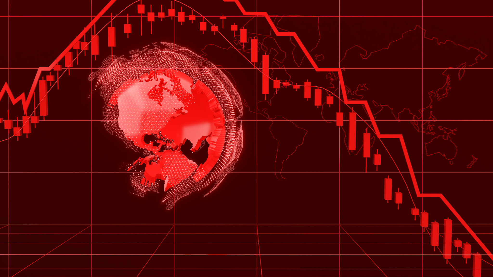 Bear market stock chart on red background,stock market crash,business finance and investment,3d rendering alternate text for this image