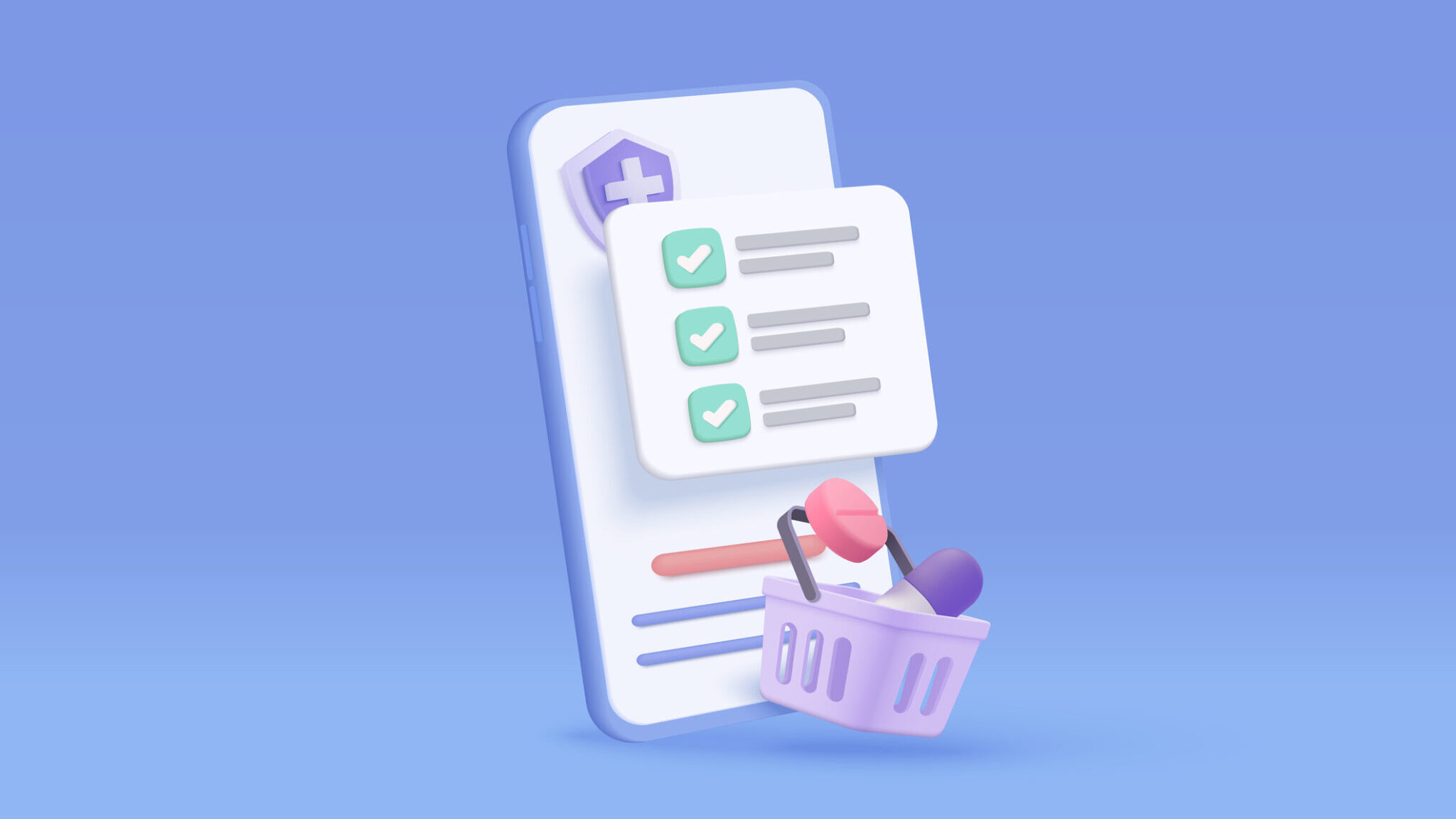 3d pharmacy with first aid kit and medical equipment. Medicine order check list with mobile phone and shopping bag concept of healthcare. 3d drug store and e-commerce icon vector render illustration alternate text for this image