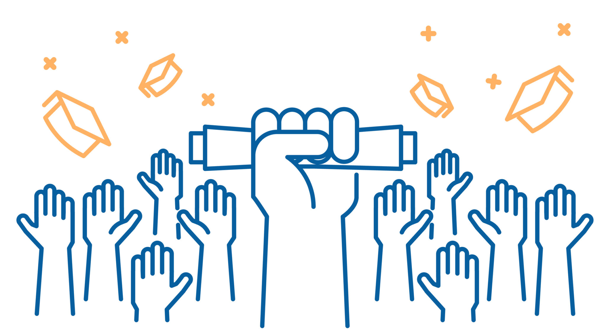 Graduation day. Celebration of knowledge. Graduates celebrating and throwing their academic hats into the air. End of academic year. Hand grabbing diploma certificate as a sign of success. alternate text for this image