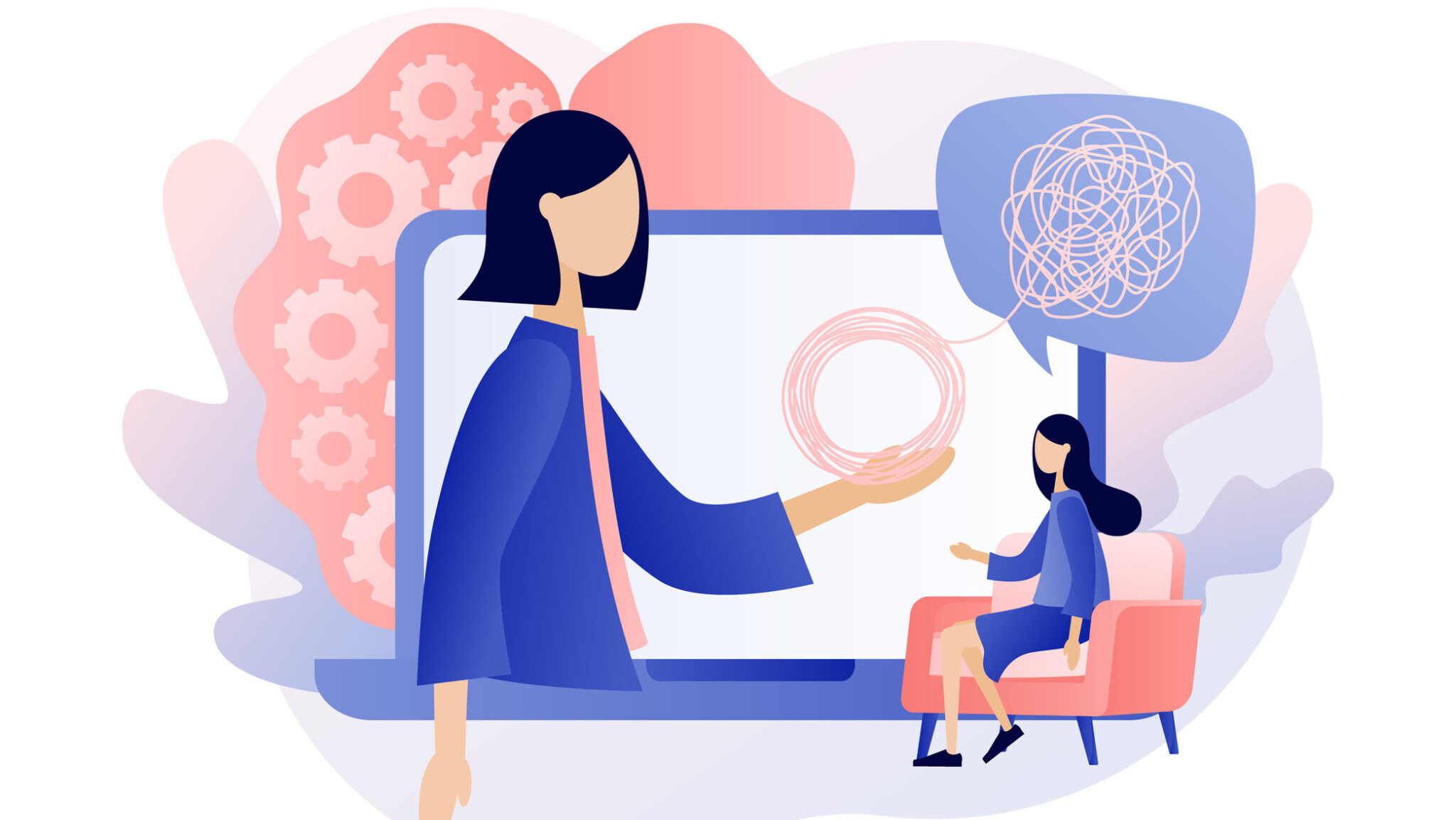 Psychologist online. Psychotherapy practice, psychological help, psychiatrist consulting patient. Psychology. Modern flat cartoon style. Vector illustration on white background alternate text for this image