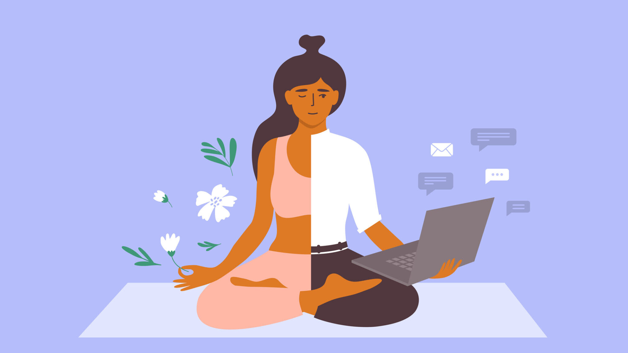 Vector illustration of work life balance concept with business woman meditating on yoga mat holds laptop and flower in hand alternate text for this image