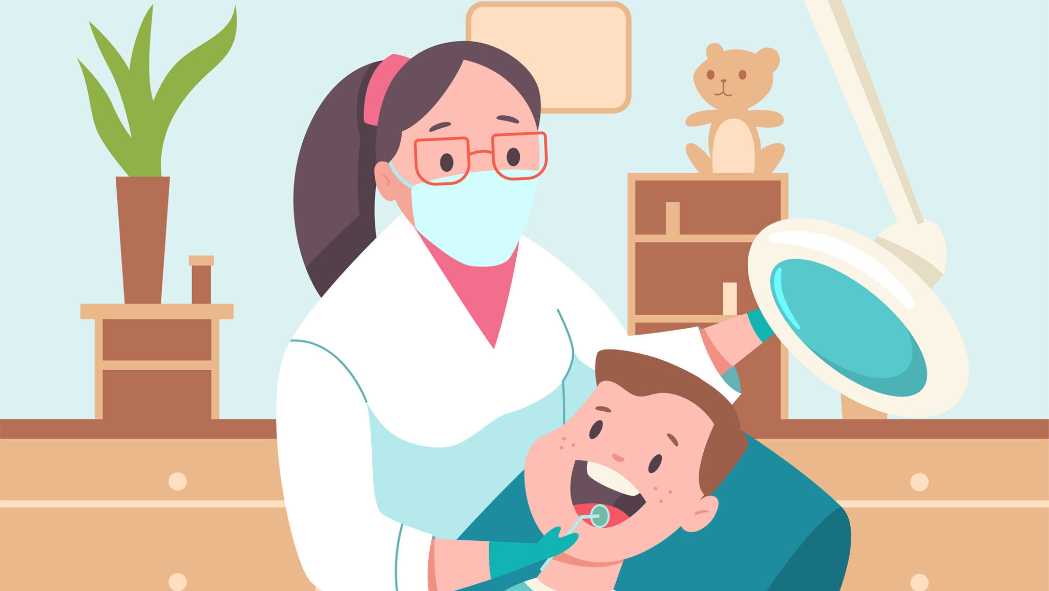 Child in a dental office. Doctor dentist and patient. Vector cartoon flat medical illustration. alternate text for this image