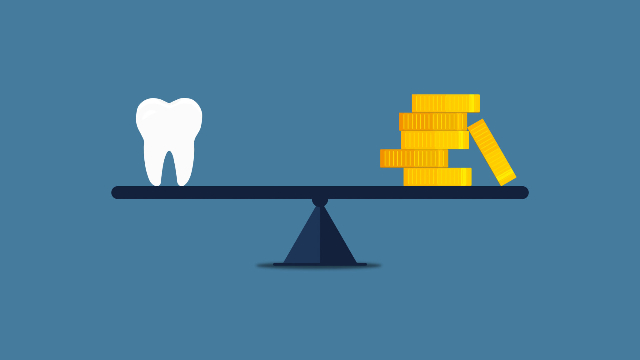 Tooth and gold coins on a seasaw (teeter totter) on balance. alternate text for this image