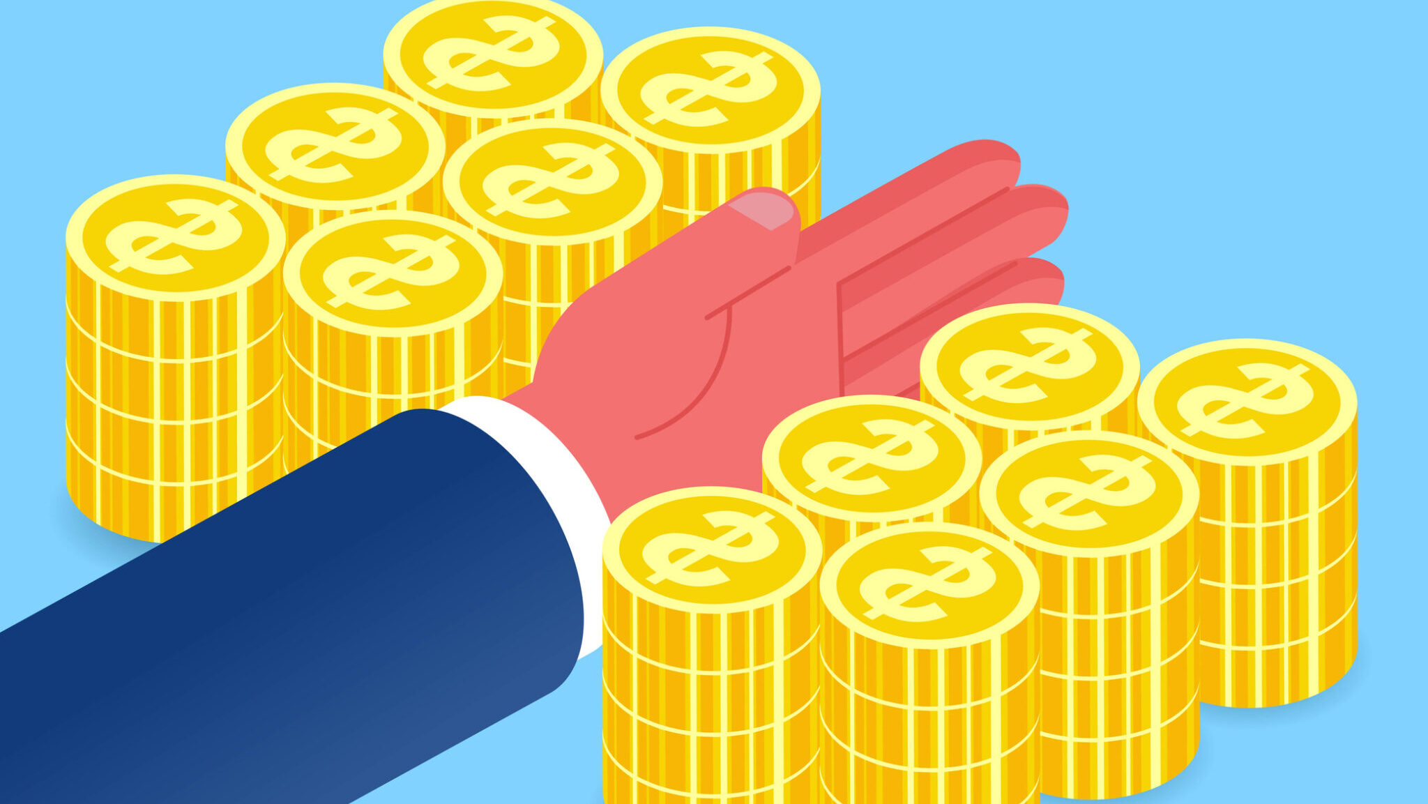 Egalitarianism, equal distribution, equity and justice, equality of wealth, isometric hand separation of two equal piles of gold coins alternate text for this image