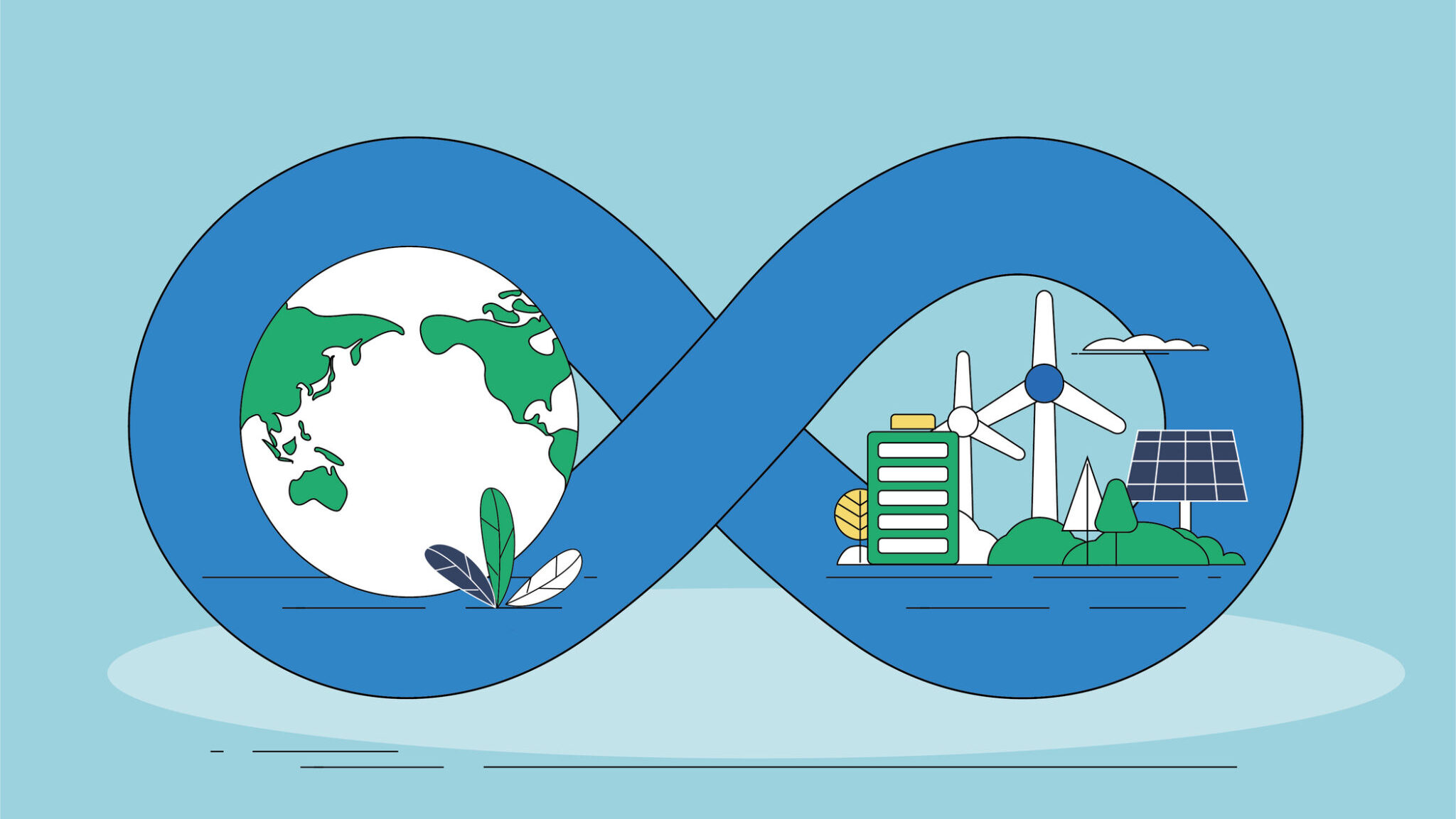 New energy, earth and infinite loop symbol, environmental protection concept illustration. alternate text for this image