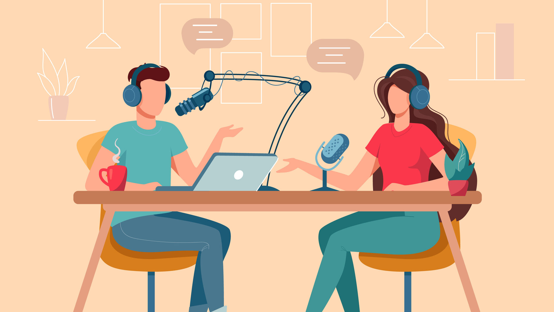 Man and woman are DJs on the radio. Concept of podcasting, radio station, interview. Podcast presenters with a microphone talking live in studio. Vector flat illustration isolated on beige background alternate text for this image
