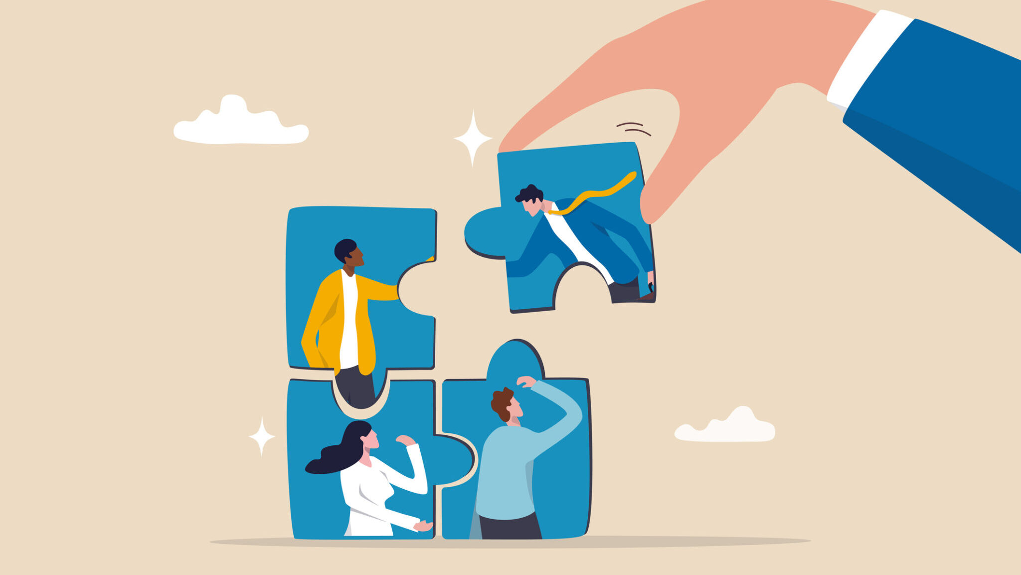 New joiner to fill in team and solve problem, teamwork to get solution, put right man in the right job to fit job description concept, businessman hand HR put new joiner to connect jigsaw puzzle. alternate text for this image