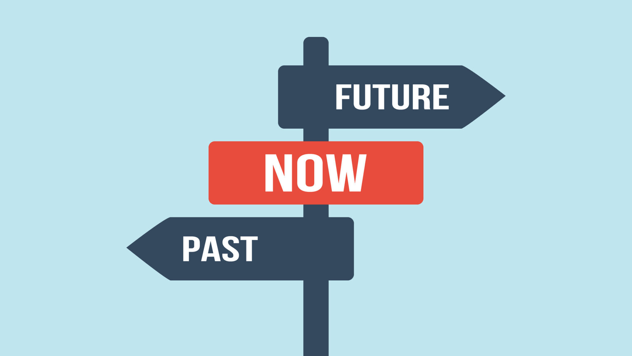 Past now future signpost. Successful choice vector concept. Different way or alternative illustration. Opposite direction traffic sign. alternate text for this image