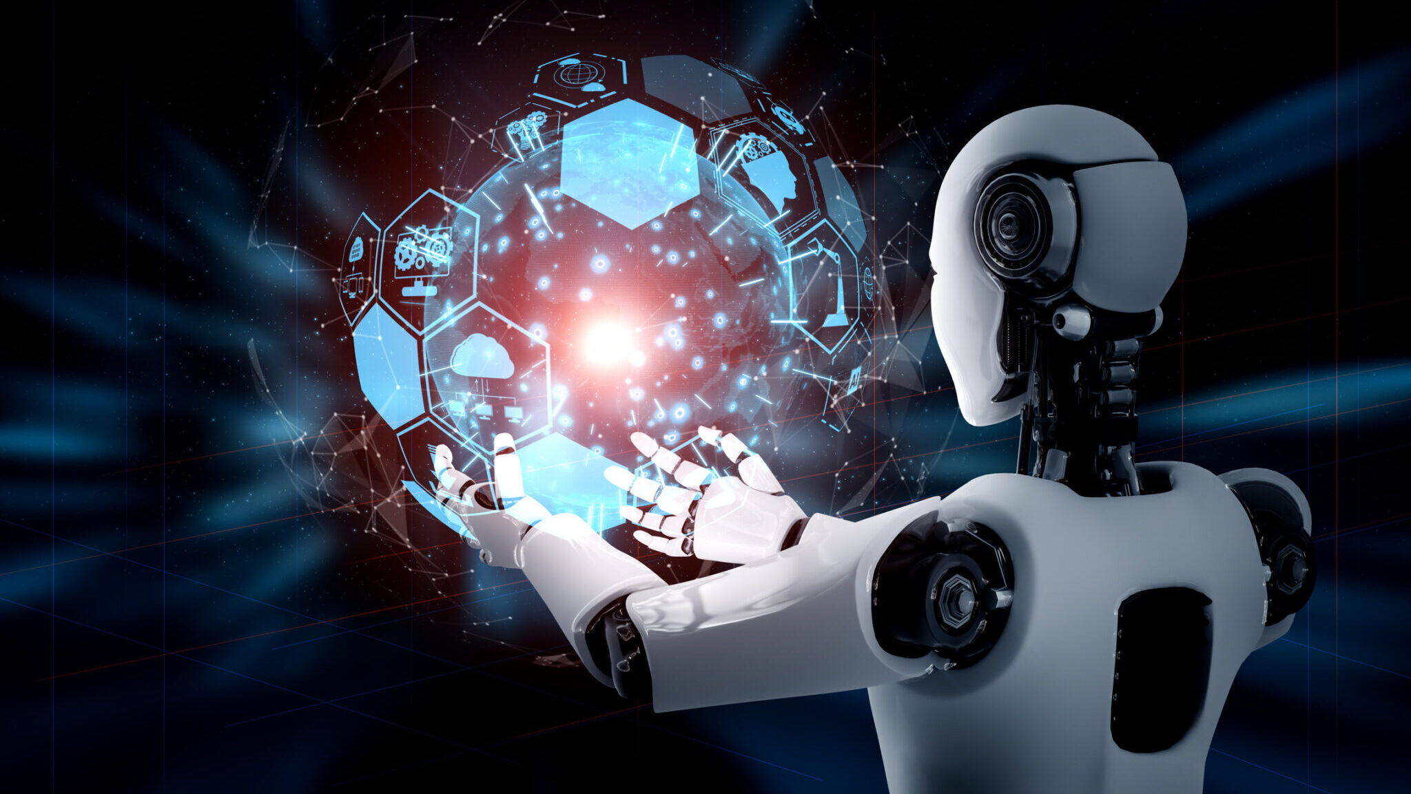 AI humanoid robot holding hologram screen shows concept of global communication alternate text for this image