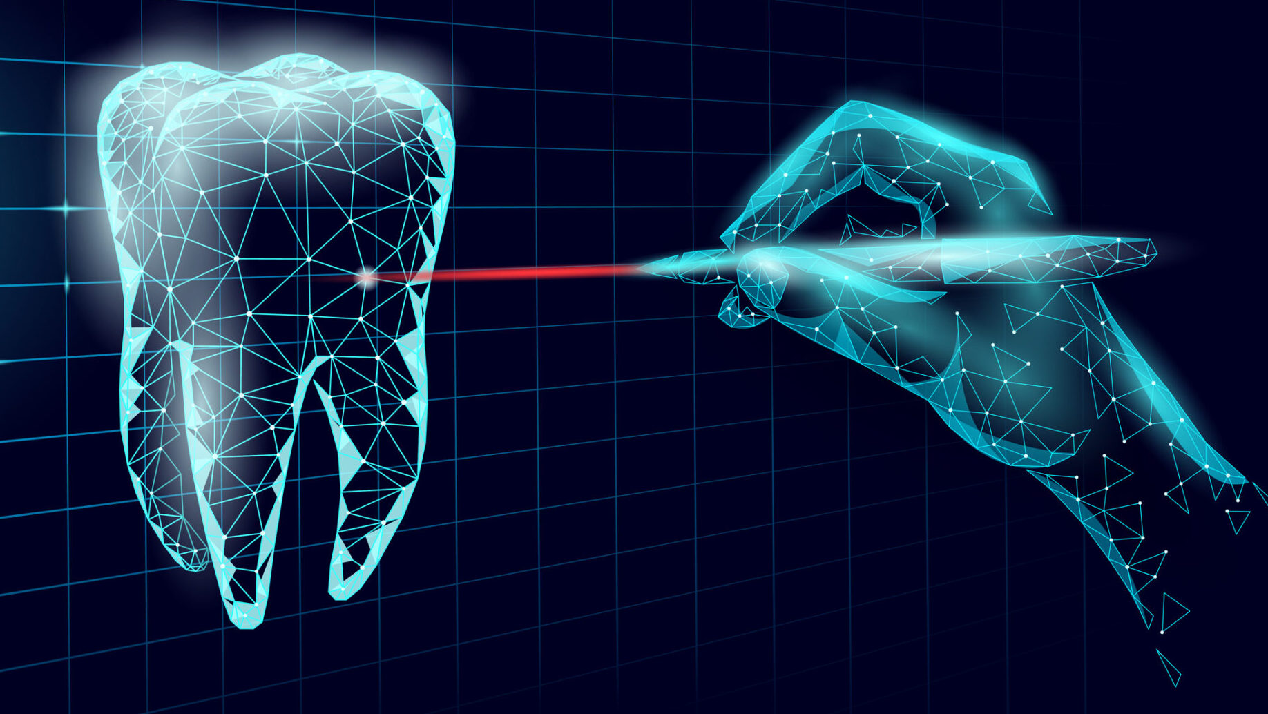 Medical healthy human tooth 3d. Medicine model low poly. Doctor online laser surgery concept. Dentistry web healthcare dentist stomatologist modern technology vector illustration alternate text for this image