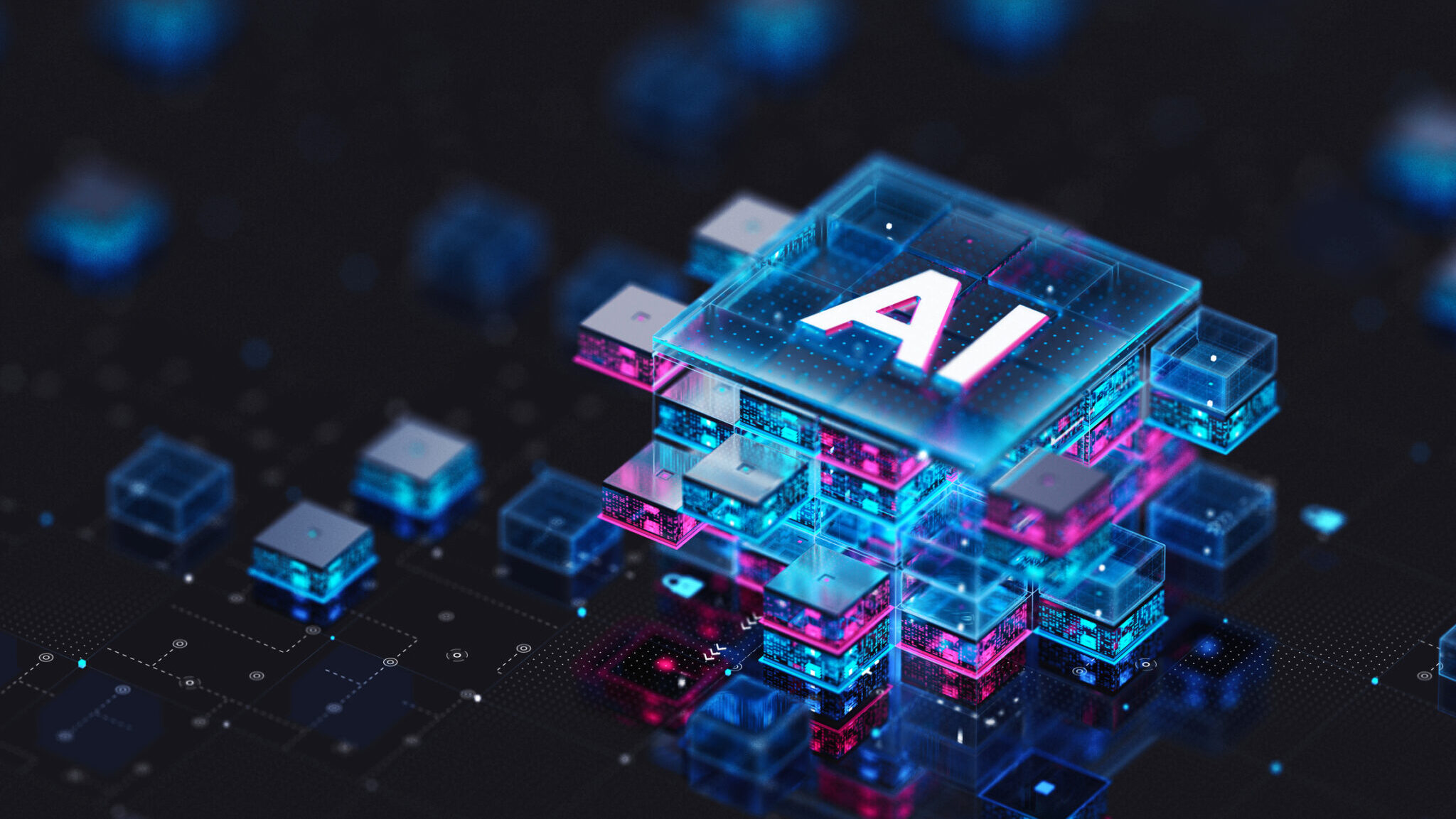 Artificial Intelligence Processor Concept. AI Big Data Array alternate text for this image