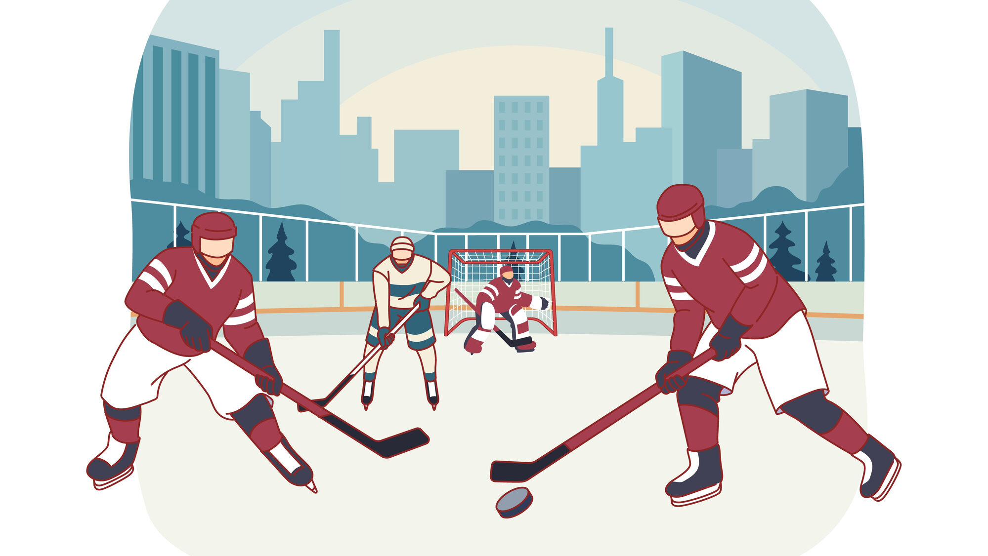 Ice hockey. Athletes in uniform skating with clubs, attackers aiming at goal, goalkeeper repels attacks, team sports game, tournament or championship cartoon flat isolated vector concept alternate text for this image