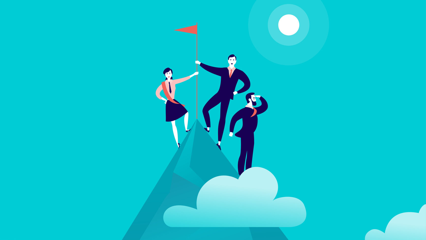 Vector flat illustration with business people standing on mountain peak top holding flag on blue clouded sky background. Victory, achievement, reaching aim, partnership, motivation, leader - metaphor.