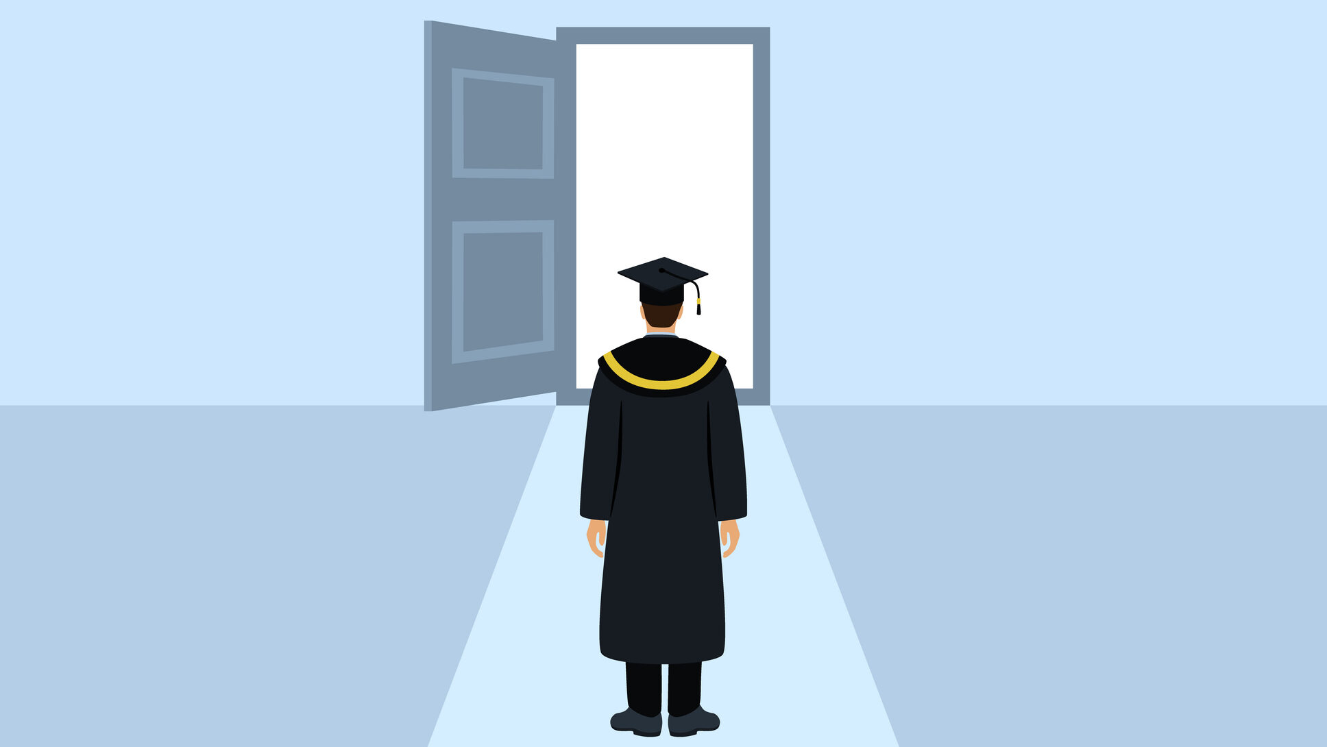 Rear View Of Man In Graduation Gown Standing In Front Of Opened Door. Business, Choice And Opportunity Concept
