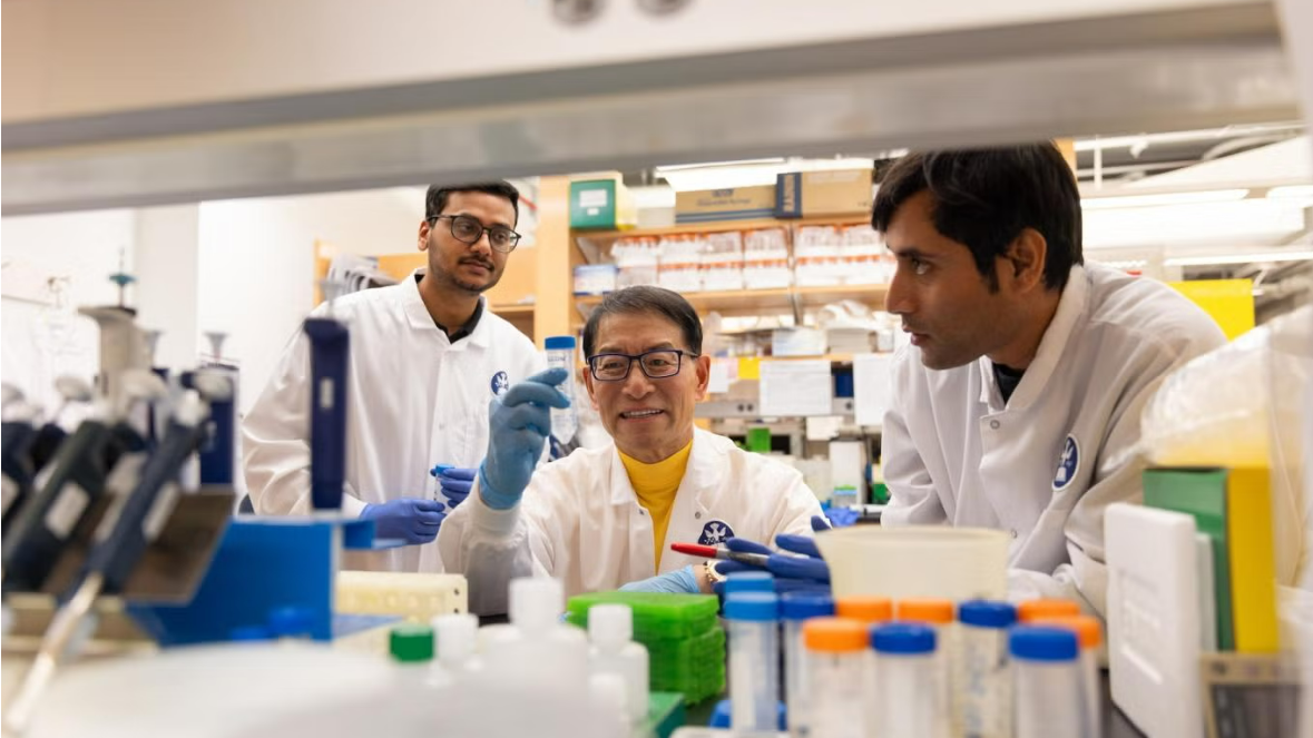 Subhashis Ghosh, Dr. Jake Jinkun Chen and Siddhartha Das, co-authors of the study, at the Tufts Biomedical Research and Public Health Building. (Photo courtesy Jenna Schad/Tufts University)