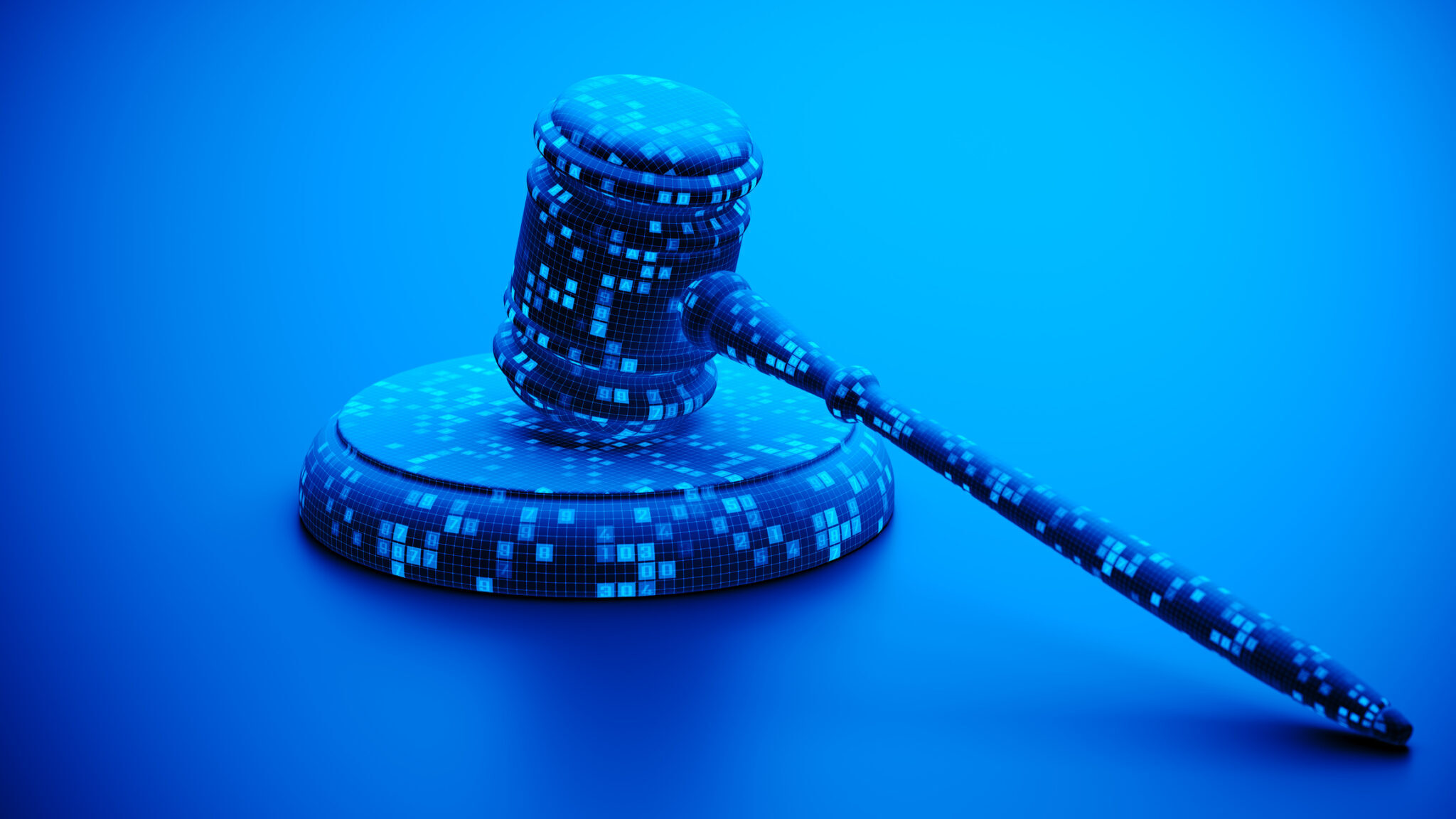 Artificial Intelligence AI and Legal Systems: A digital judge's gavel covered in binary code.