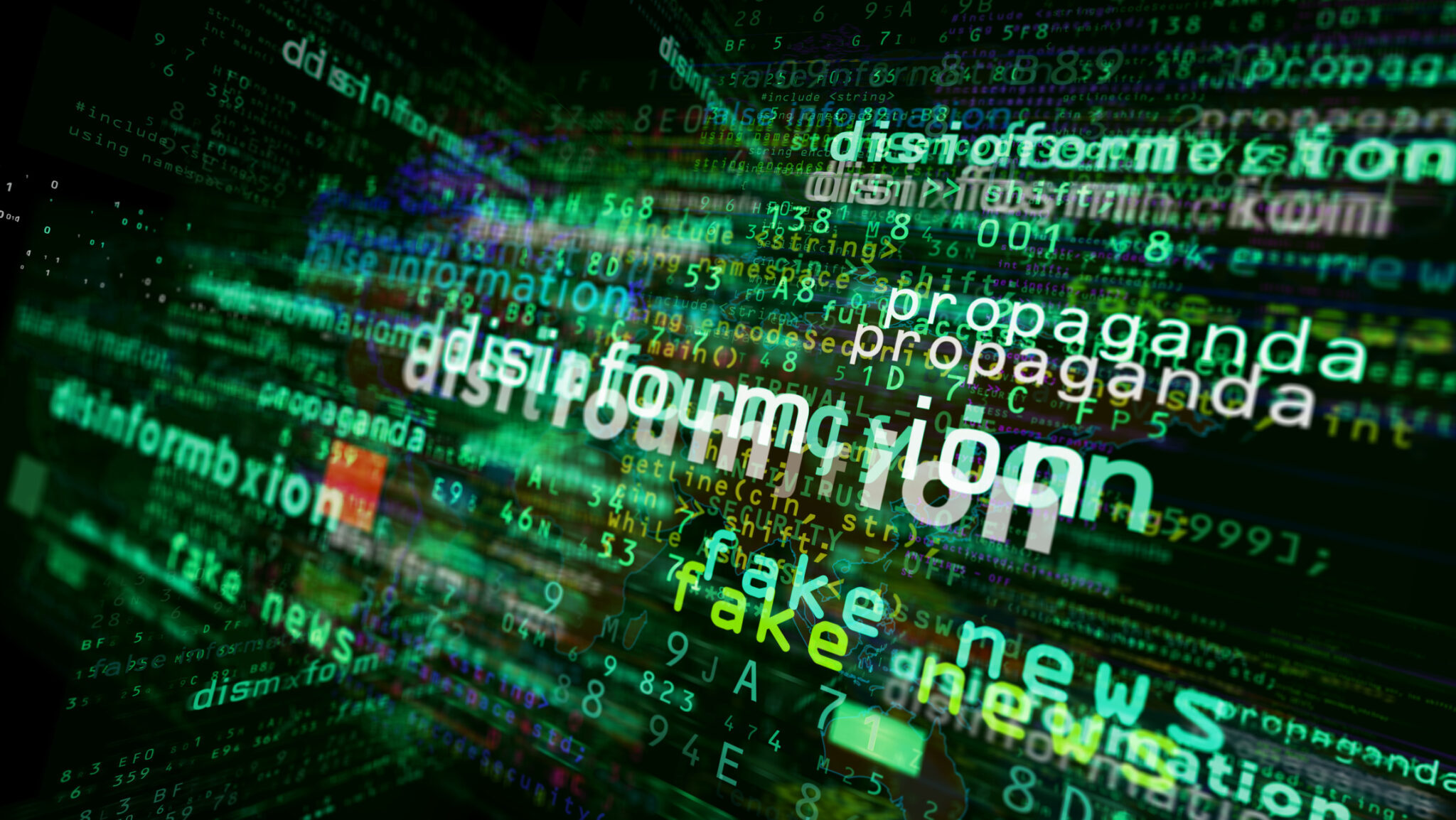 Disinformation media and abstract screen. Fly between glitch and noise text concept of fake news, hoax, false information and propaganda 3d illustration.
