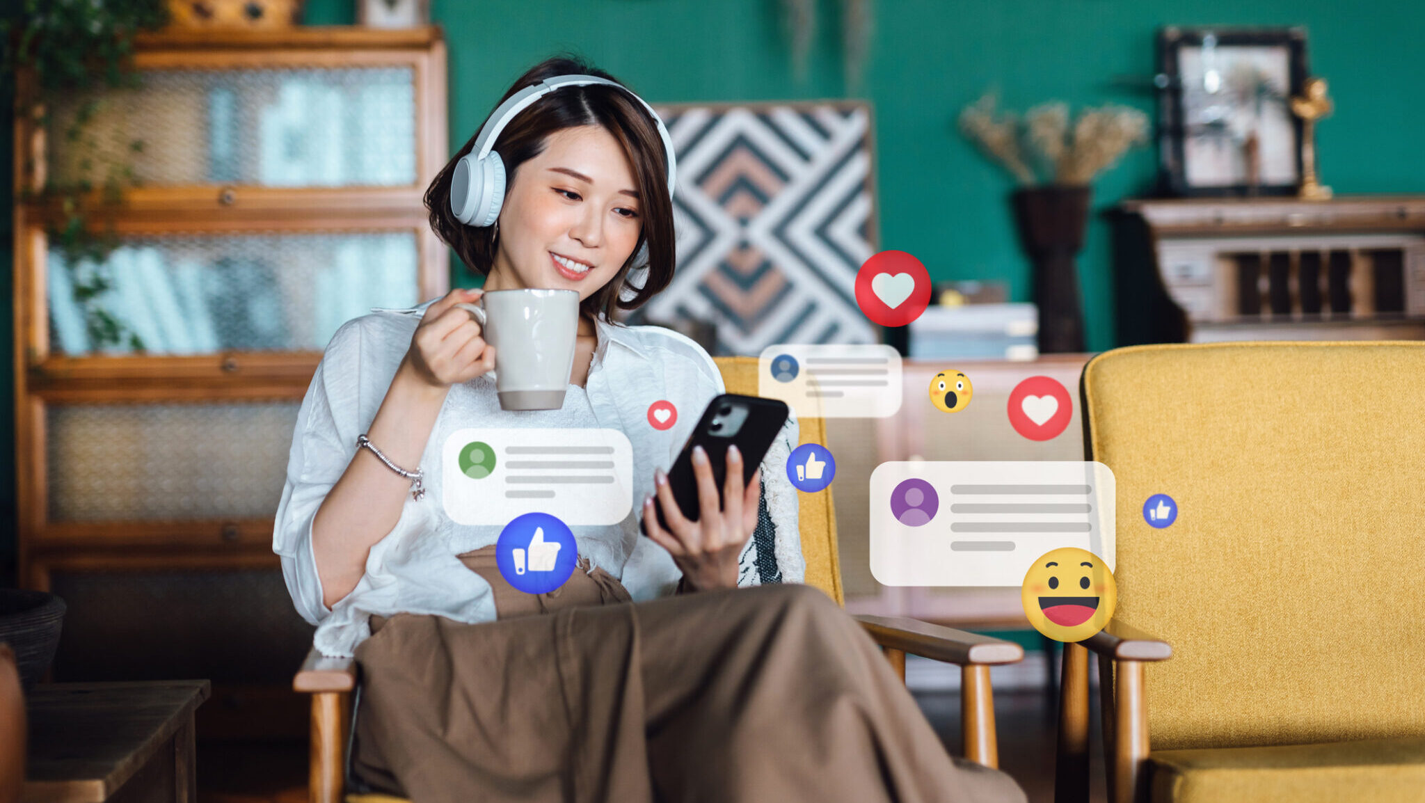 Beautiful young Asian woman with headphones relaxing at home and using smartphone, checking social media on mobile phone, receives notification, likes, views and comments. Youth lifestyle, social media and digital online. People network and technology