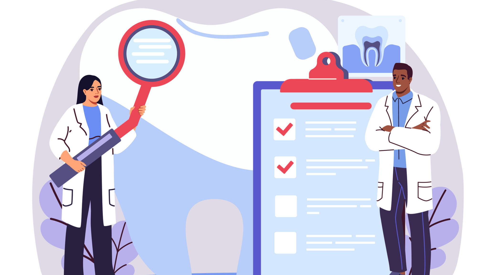 Two dentists examining a giant checklist with a magnifying glass in front of a large tooth illustration, on a light abstract background. Concept of dental checkup. Vector illustration