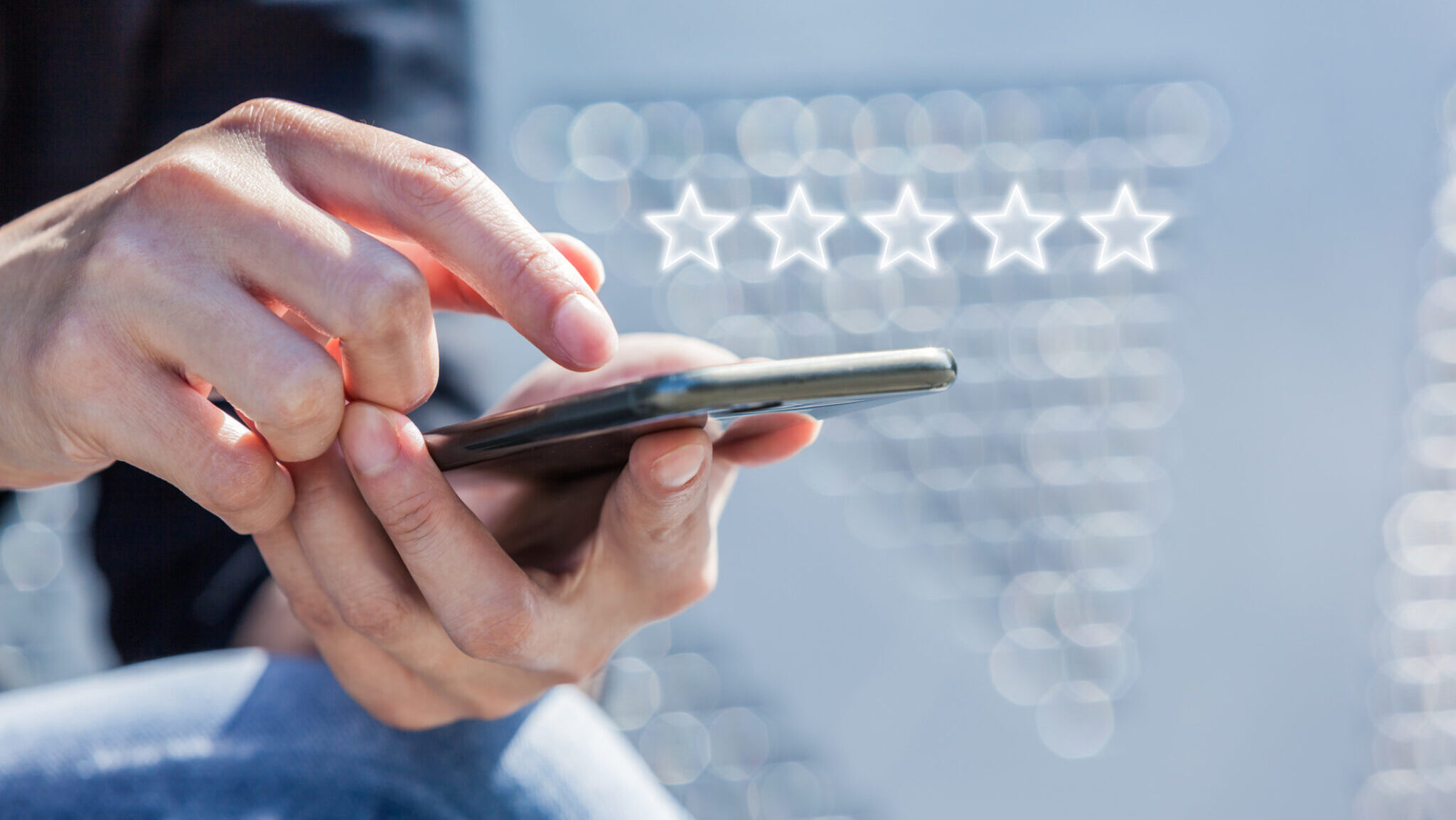 Customer Service Experience Performance Analysis. Close-up of Woman's Hand Holding a Smart Phone with Icon Five Star Symbol to Increase Rating of Company.