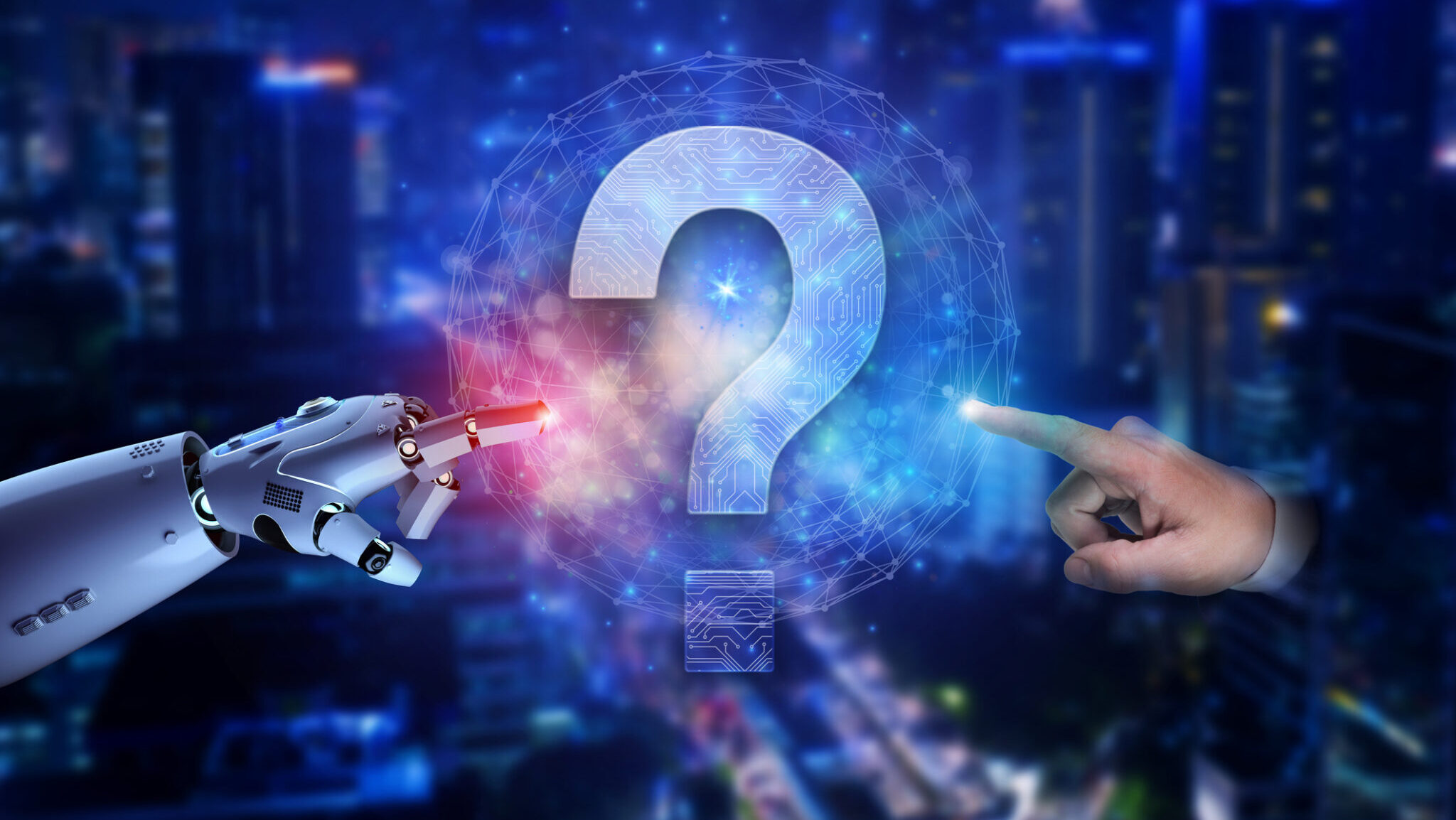 A conceptual image showcasing the merging of advanced robotics and human interaction against an urban skyline. A robotic arm and a human hand point towards a glowing holographic question mark, symbolizing the future of technology, questions, and potential challenges.